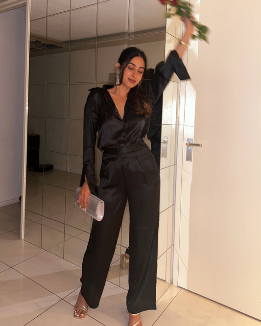 Women’s Black Satin Moonstone Co-ord Set – Button Down Shirt & High-Waist Flared Pants