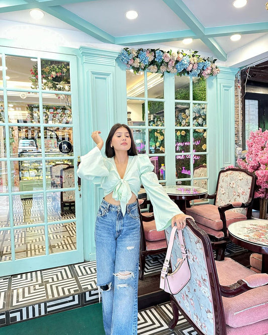 Mint Green Cotton Wrap Tie-Up Top | Blouson Sleeve Crop Top