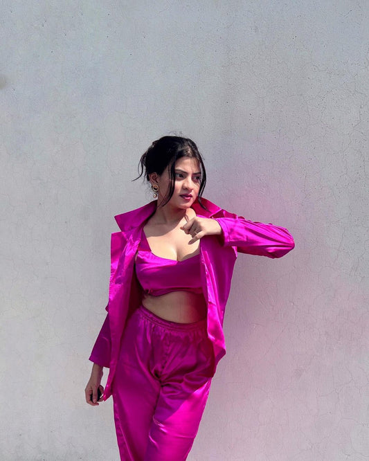 Women’s Hot Pink Satin Three-Piece Barbie Co-ord Set – Bralette, Joggers & Jacket