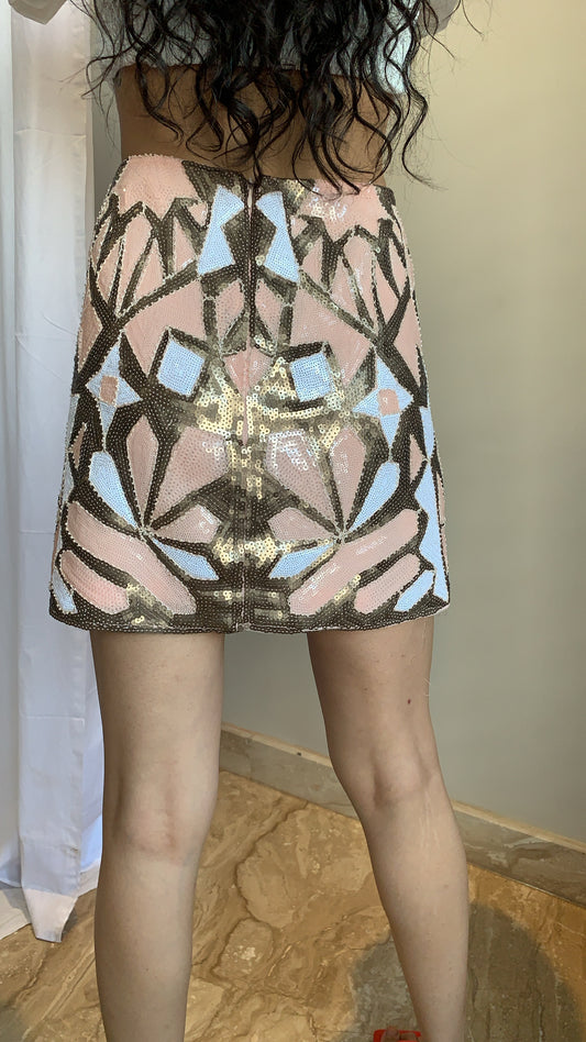 Sequin Embellished Mini Skirt – Pink & Gold Geometric