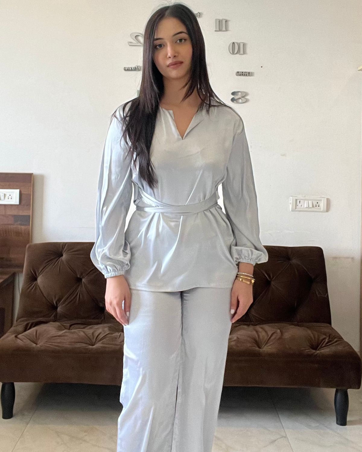 Women’s Satin Belted Amina Co-ord Set – Longline Shirt & High-Waist Flared Pants