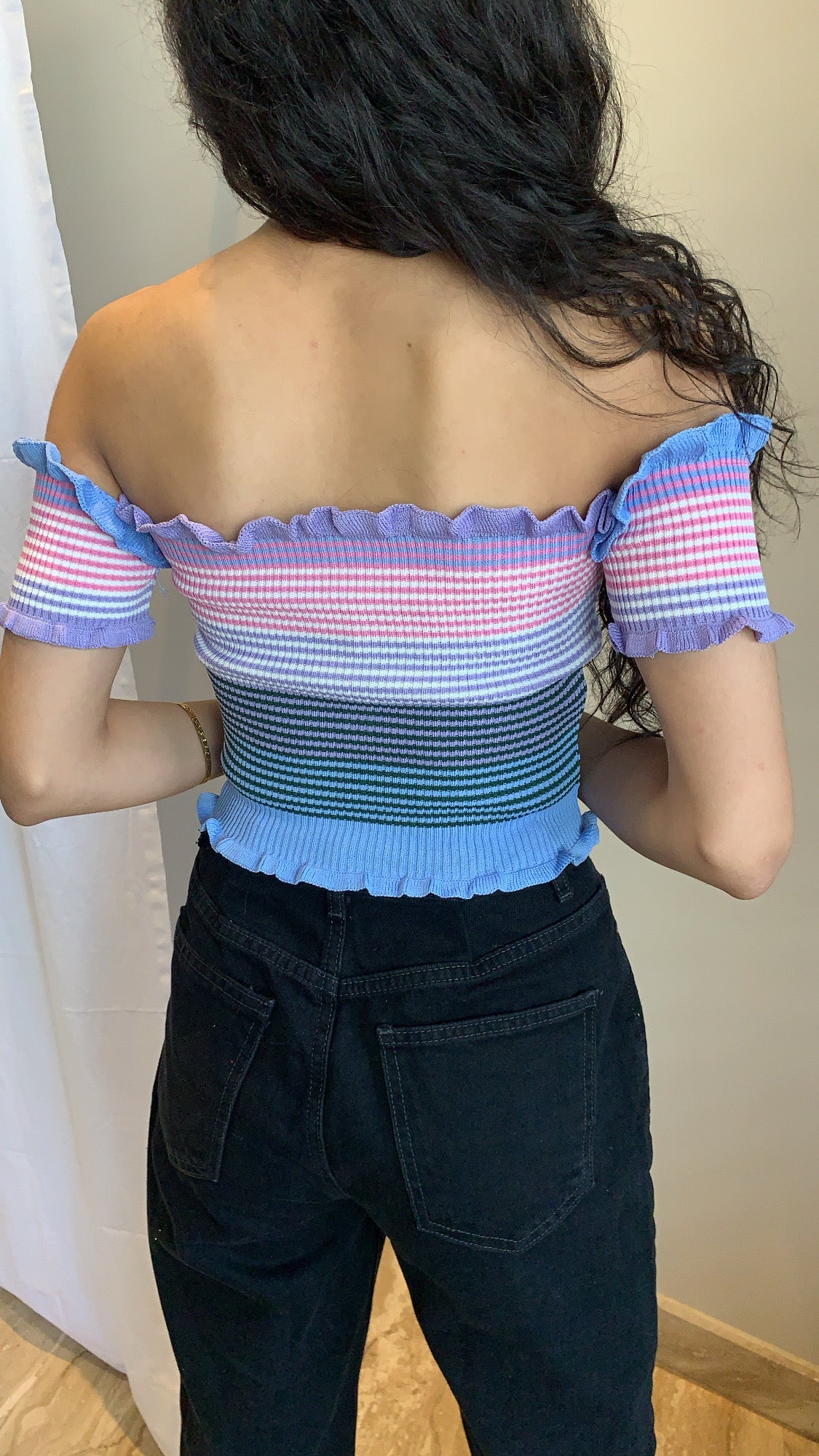 knit off shoulder top Blue