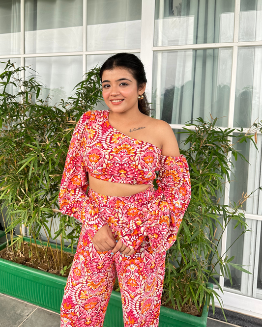 Women’s Printed One-Shoulder Rendezvous Co-ord Set – Blouson Sleeve Top & High-Rise Pants