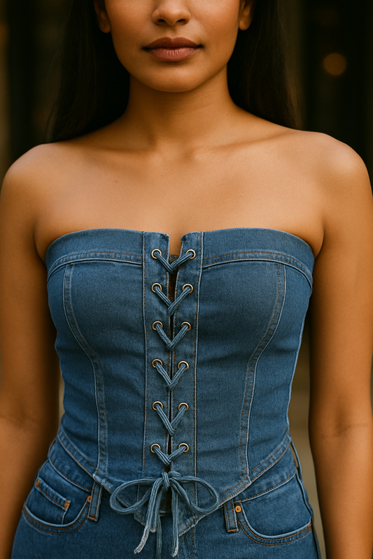 Montana Denim Corset Top | Dark Blue Strapless Denim Bustier