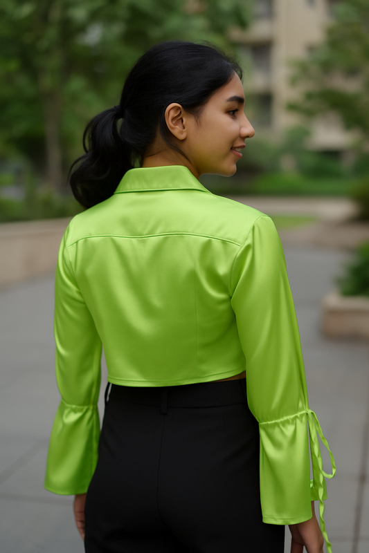 Green Satin Cropped Shirt with Bell Sleeves – Statement Partywear