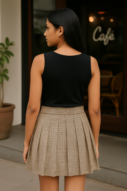 Brown Houndstooth Skirt – Pleated Mini Skirt