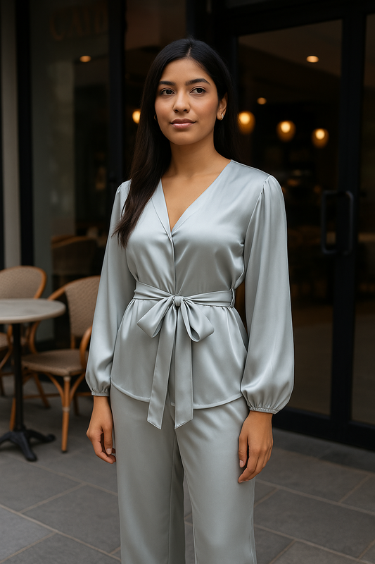 Women’s Satin Belted Amina Co-ord Set – Longline Shirt & High-Waist Flared Pants