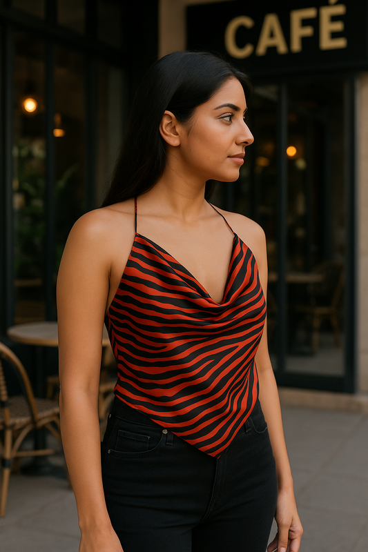 Zebra Cowl Neck Scarf Maxine Top | Orange & Black Halter Top