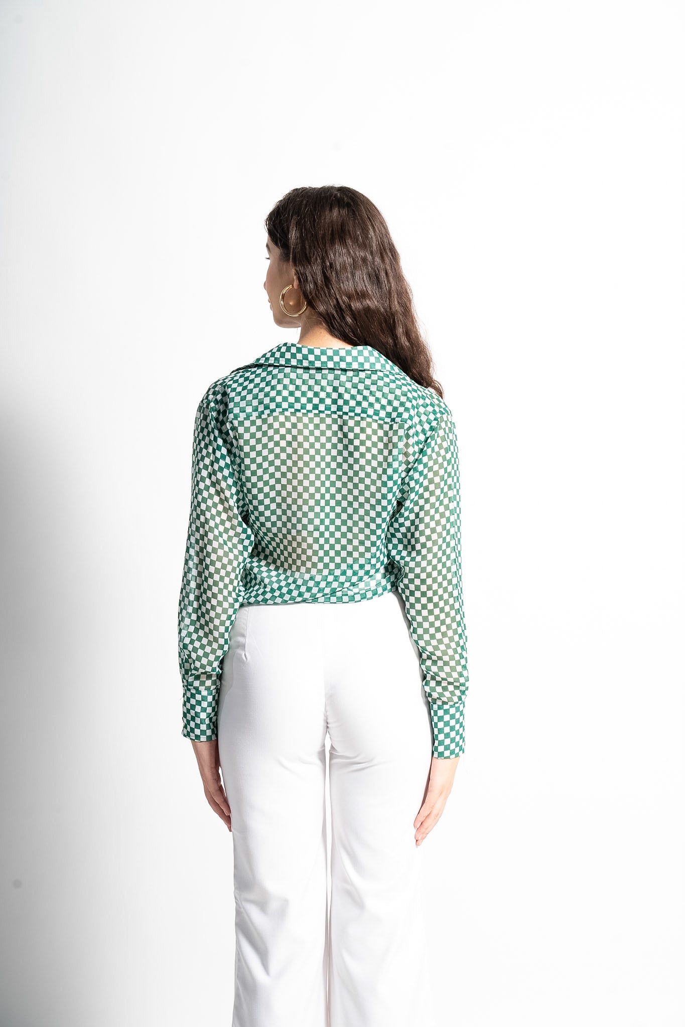 Green Check Print Cropped Shirt