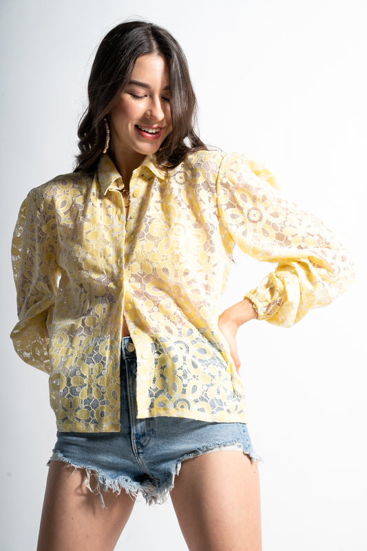 Yellow Lace Resort Shirt – Bold, Breezy & Unapologetically Chic
