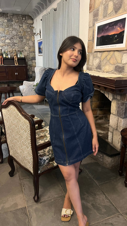 Dark Blue Denim Mini Dress – Sweetheart Neck Puff Sleeve