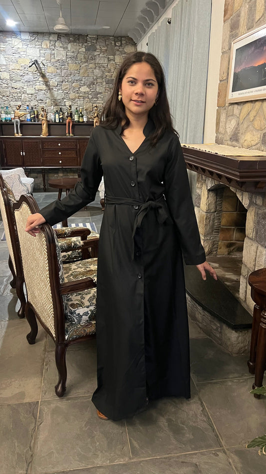 Black Longline Trench Dress – Button-Down with Tie Waist