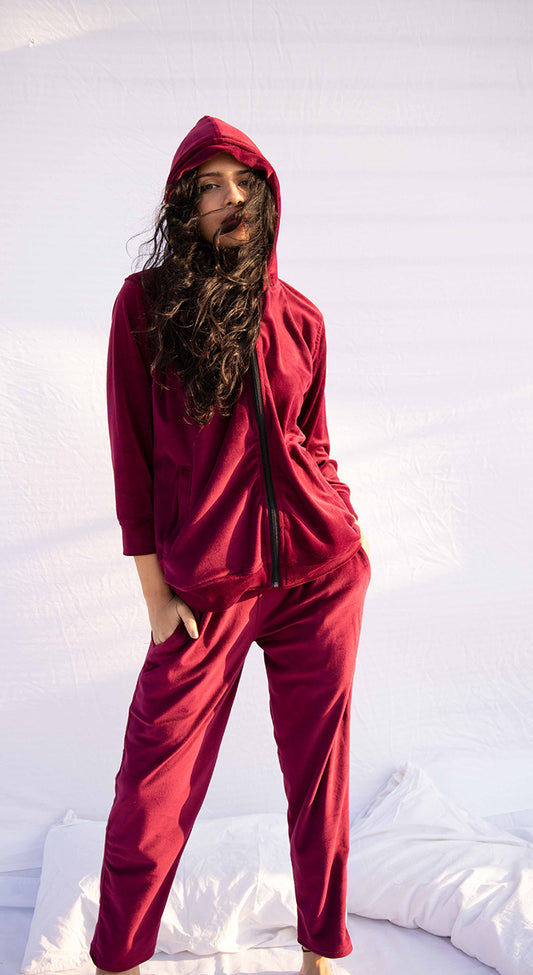 Oxblood Velvet Tracksuit with Hoodie – Cozy Luxe Co-ord for Women