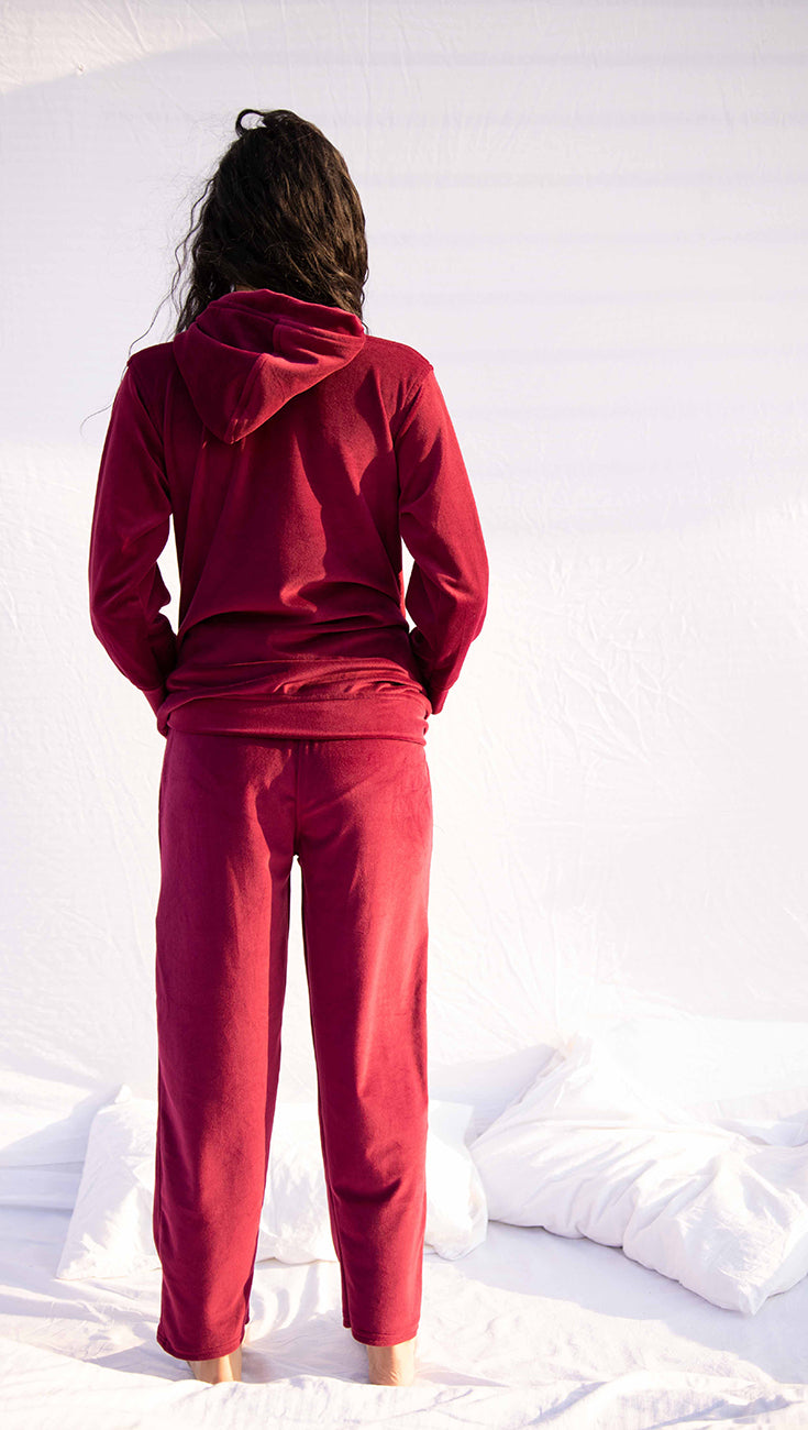 Oxblood Velvet Tracksuit with Hoodie – Cozy Luxe Co-ord for Women