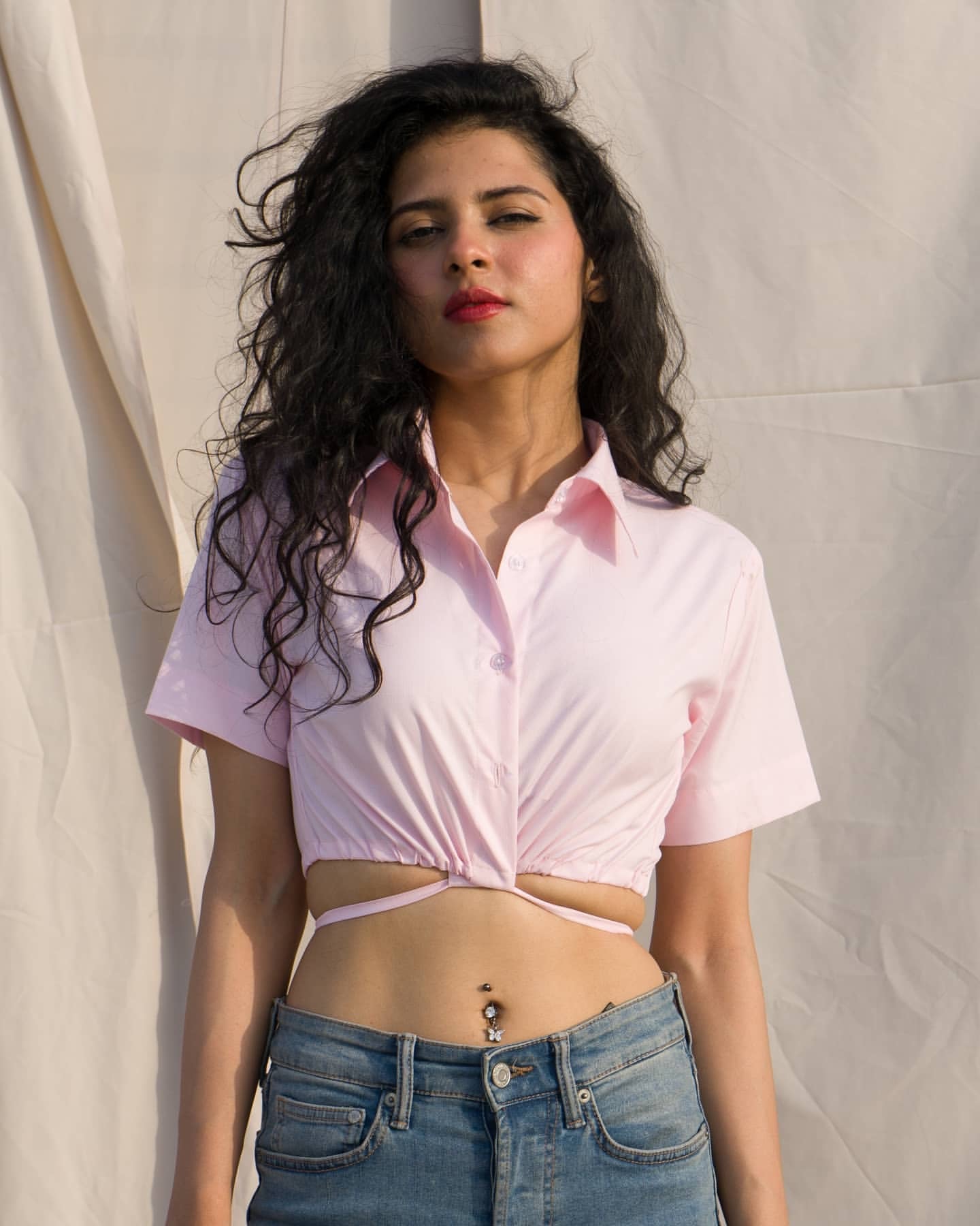 Pink Cropped Cotton Shirt with Wrap Detail