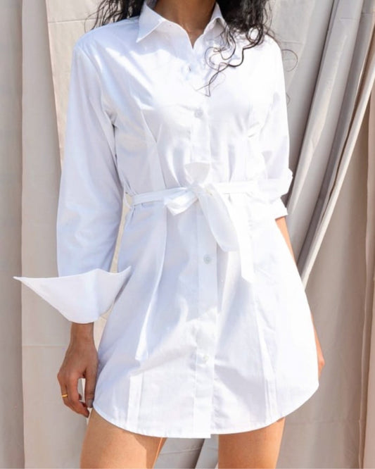 White Cotton Shirt Dress – Belted Relaxed Fit Mini