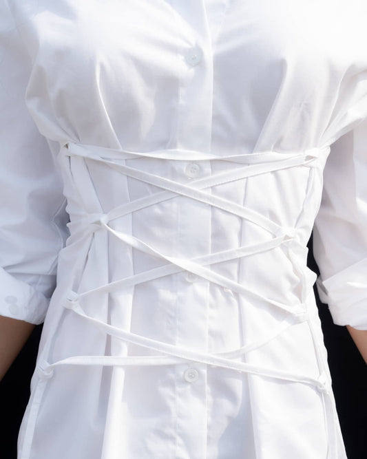 White Corset Shirt Dress – Cinched Waist Cotton Mini