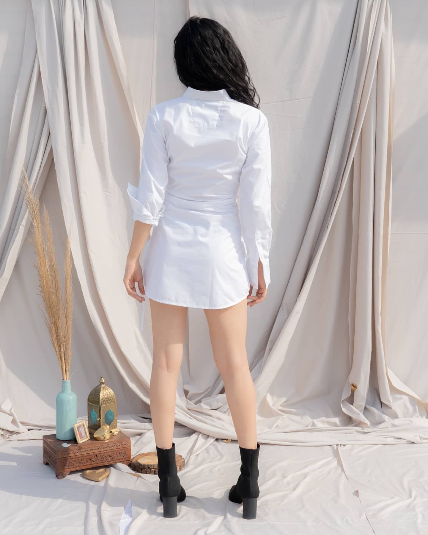 White Corset Shirt Dress – Cinched Waist Cotton Mini
