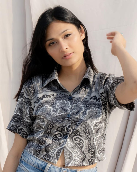 Black & White Paisley Scarf Abstract Cropped Shirt.