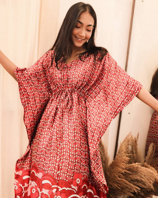 Red Satin Print Kaftan – Luxe Lounge Wear