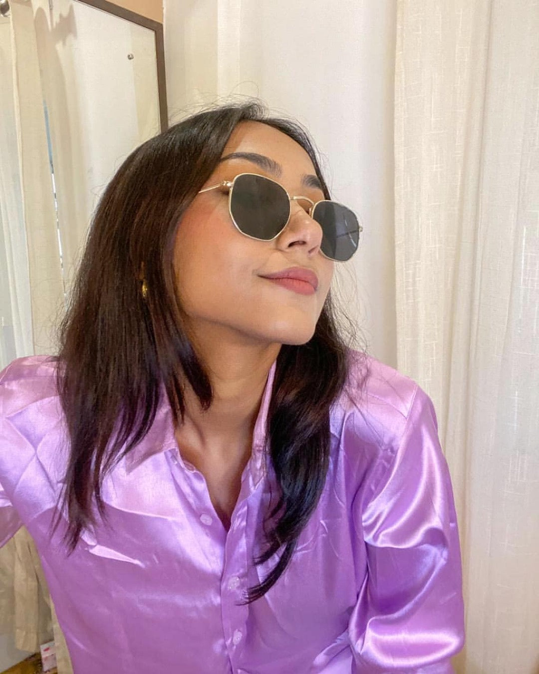 Lilac Satin Button-Up Shirt – Relaxed Fit Glossy Top