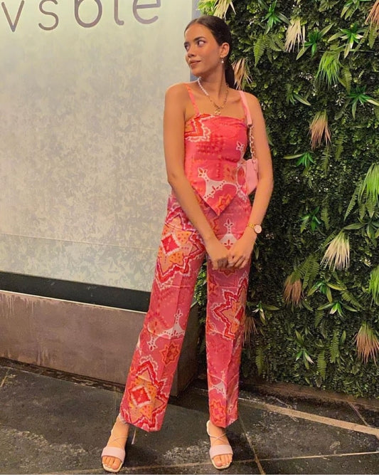 Pink Scarf Print Satin Pants – High Rise, Pleated Front