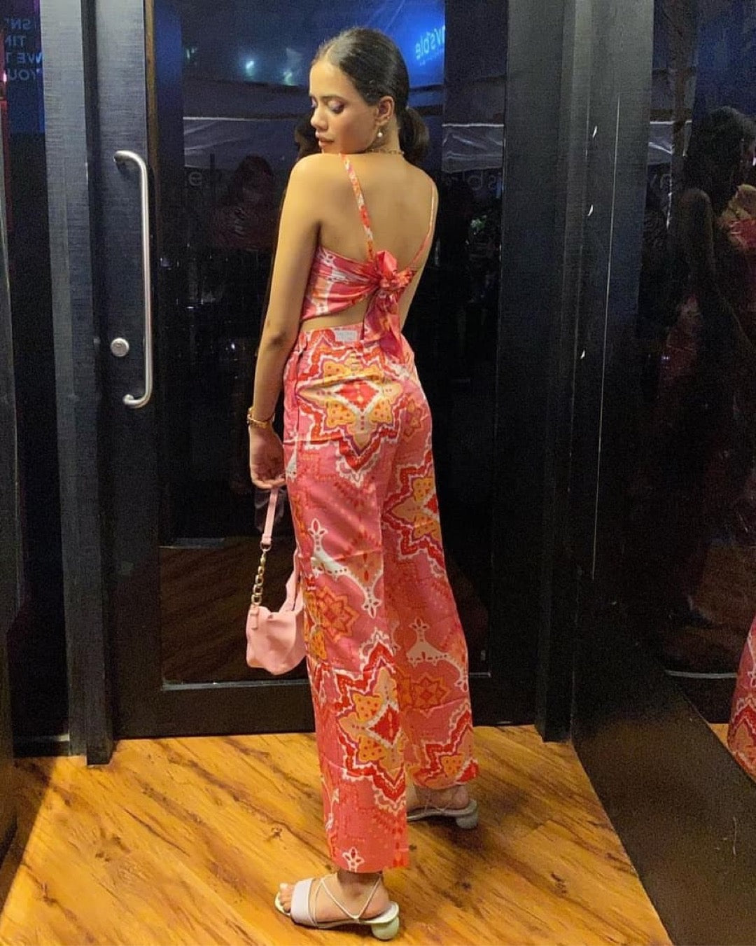 Pink Scarf Print Satin Pants – High Rise, Pleated Front