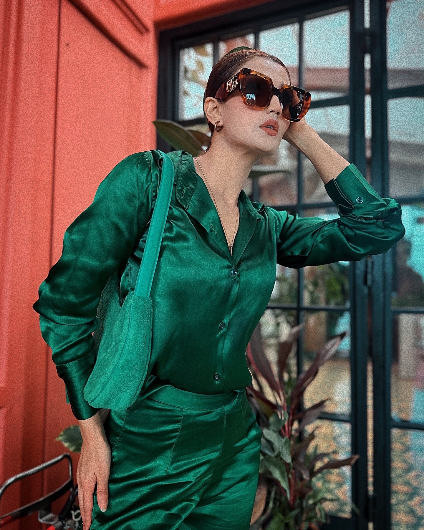 Women’s Green Satin Emerald Co-ord Set – Button Down Shirt & High-Waist Flared Pants