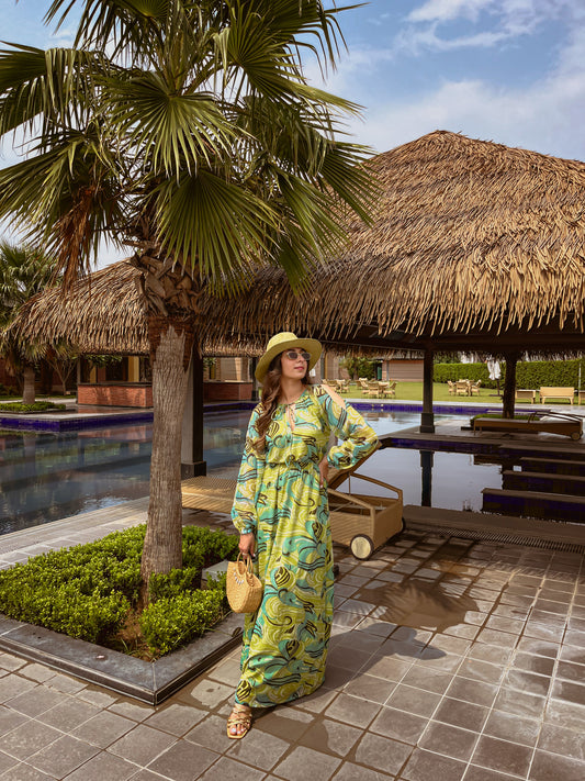 Green Abstract Maxi Dress – Cold Shoulder Chiffon Long Dress