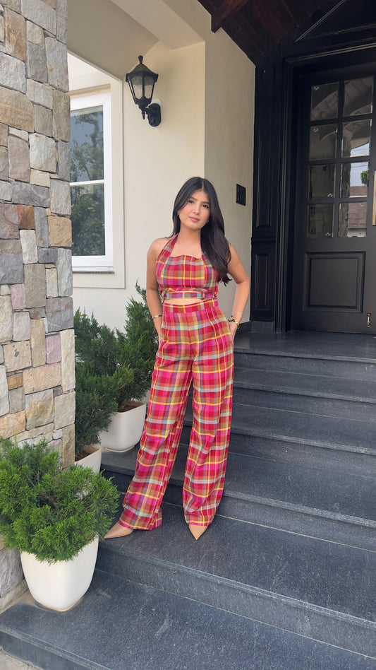 Women’s Checked Weekend Co-ord Set – Square Neck Crop Top & High-Waist Flared Pants with Belt