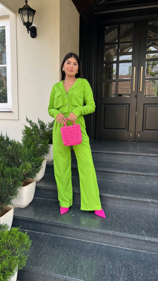 Women’s Lime Green Shirt & Wide-Leg Pants In The Moment Co-ord Set – Bold Street-Style Fit