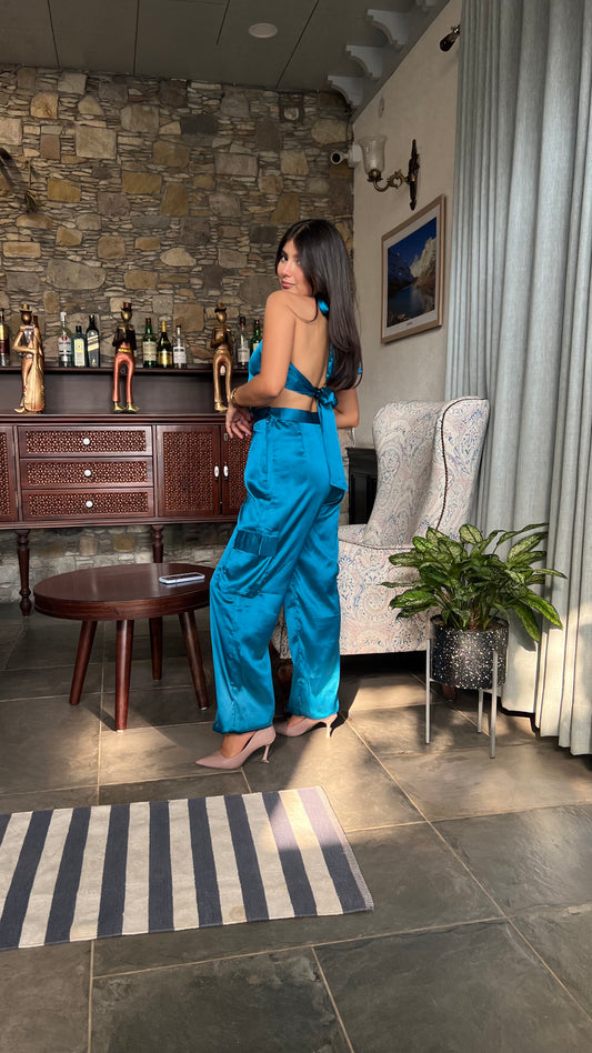 Women’s Blue Satin Baddie Co-ord Set – Halter Neck Top & High-Rise Cargo Pants