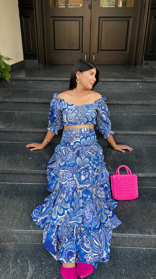 Blue Paisley Print Santorini Co-ord Set – Crop Top & Tiered Skirt