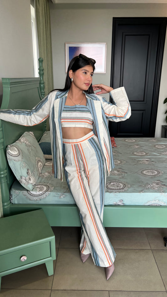 Women’s Striped Three-Piece Athena Co-ord Set – Blazer, Bralette Top & High-Waist Pants