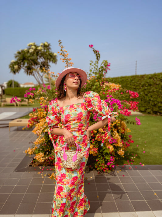 Pink Floral Maxi Dress – Bodycon Cotton Puff Sleeve Dress