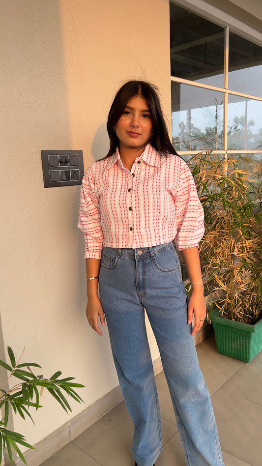 Red Striped Cropped Shirt with Puff Sleeves – Everyday Chic
