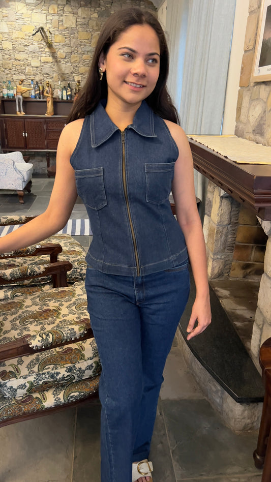 Winston Denim Vest Top | Structured Zip-Front Collared Top