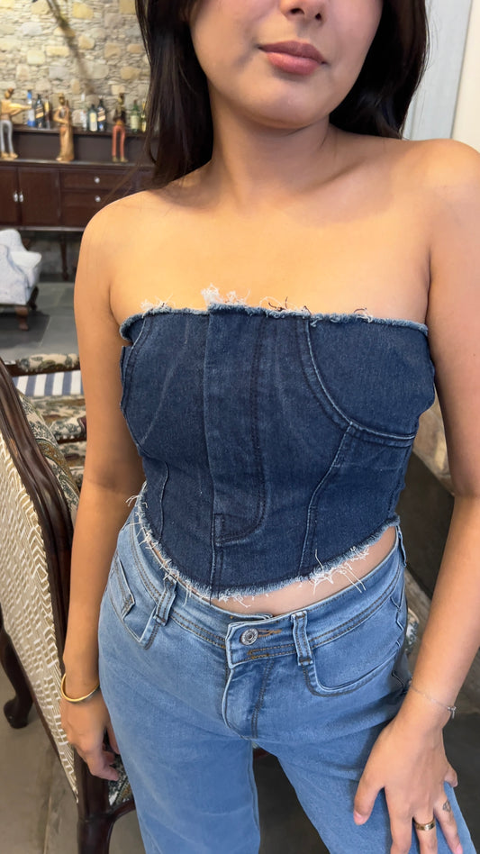 Leon Denim Corset Top | Strapless Dark Blue Bustier