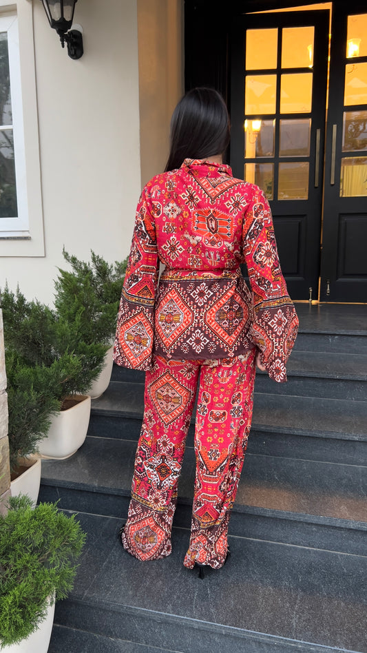 Red Boho Print Marrakech Co-ord Set – Kimono Wrap Top & Wide Leg Pants