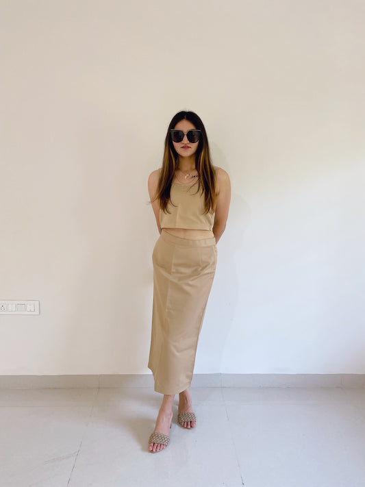 Beige Pencil Skirt – High Rise Long Slim Fit