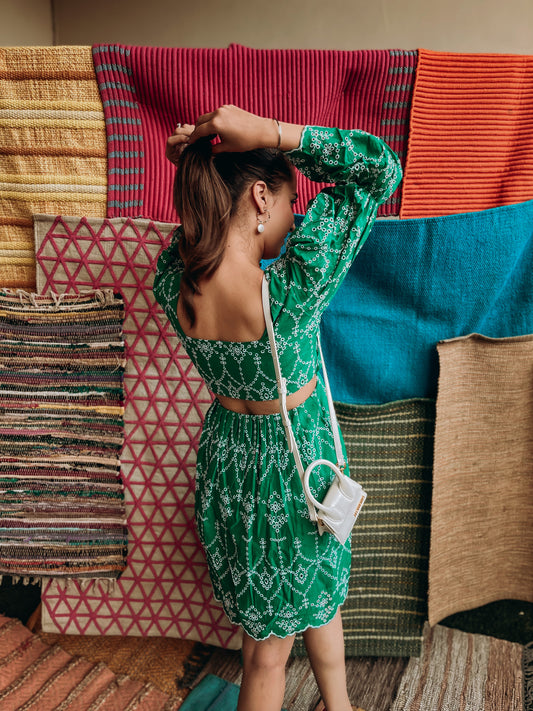 Green Floral Mini Dress – Sweetheart Neck Puff Sleeve Dress