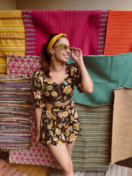 Women’s Floral Kylie Co-ord Set – Sweetheart Neck Top & High-Waist Flared Skorts