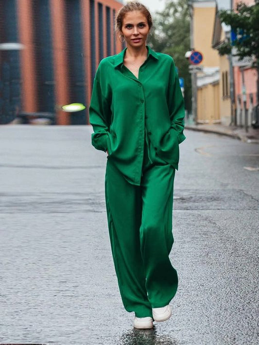 Women’s Green Satin Emerald Co-ord Set – Button Down Shirt & High-Waist Flared Pants