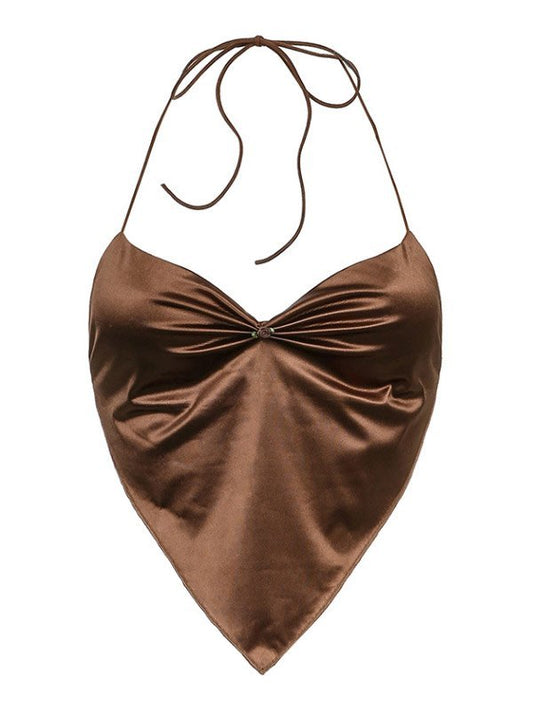 Cocoa Satin Halter Top | Glossy Brown Backless Top