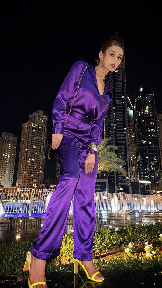 Women’s Purple Satin Amethyst Co-ord Set – Button Down Shirt & High-Waist Flared Pants