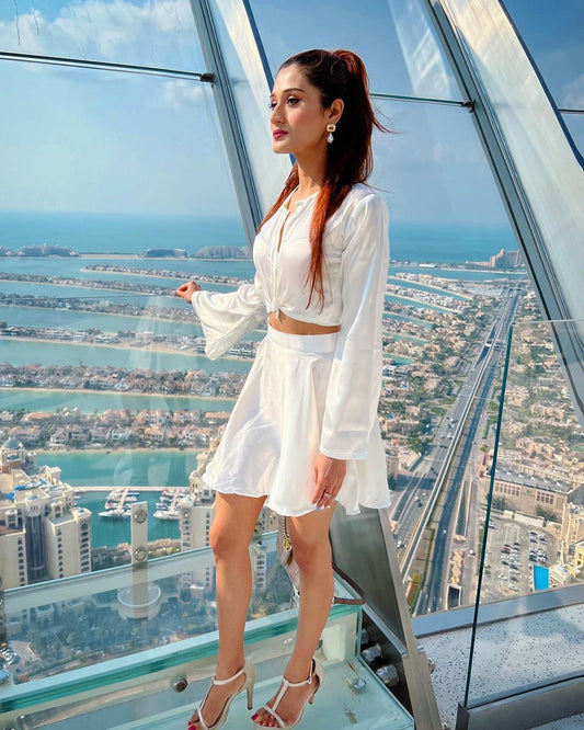 White Satin Daisy Co-ord Set for Women – Crop Shirt & Flippy Skirt