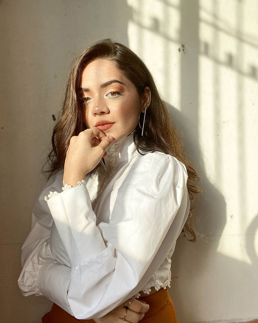 White Lace Embellished Crop Shirt