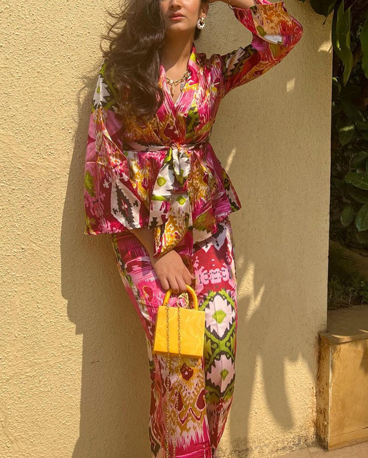 Women’s Printed Satin Ikat Co-ord Set – Wrap Jacket with Bell Sleeves & High-Waist Pants