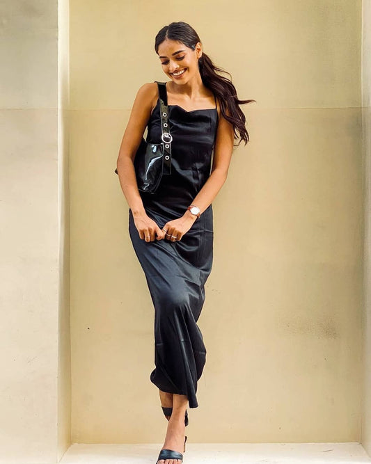 Black Satin Maxi Dress with Spaghetti Straps – Elegant Slip Style