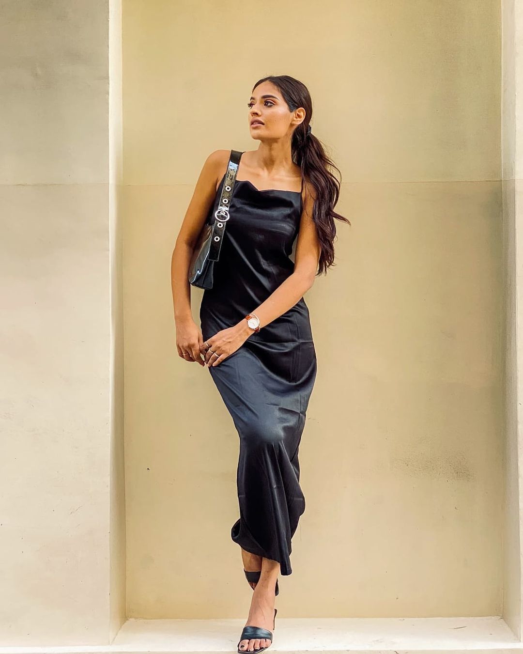 Black Satin Maxi Dress with Spaghetti Straps – Elegant Slip Style